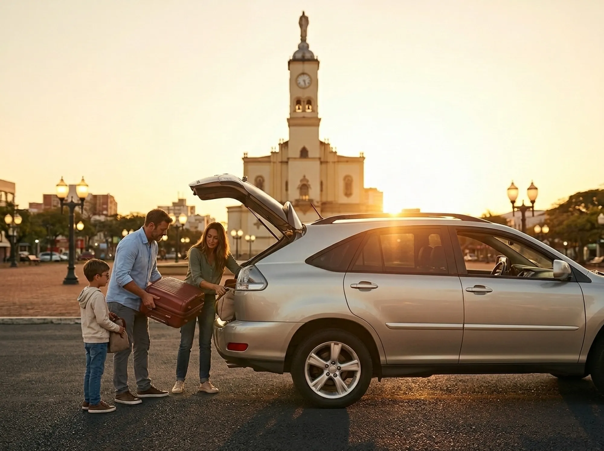 Família guardando as malas no porta-malas de um carro, ao entardecer, com a Catedral de Apucarana ao fundo